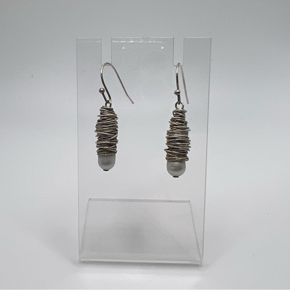 Handcrafted Silver Wire Pearl Dangle Earrings - Picture 1 of 6